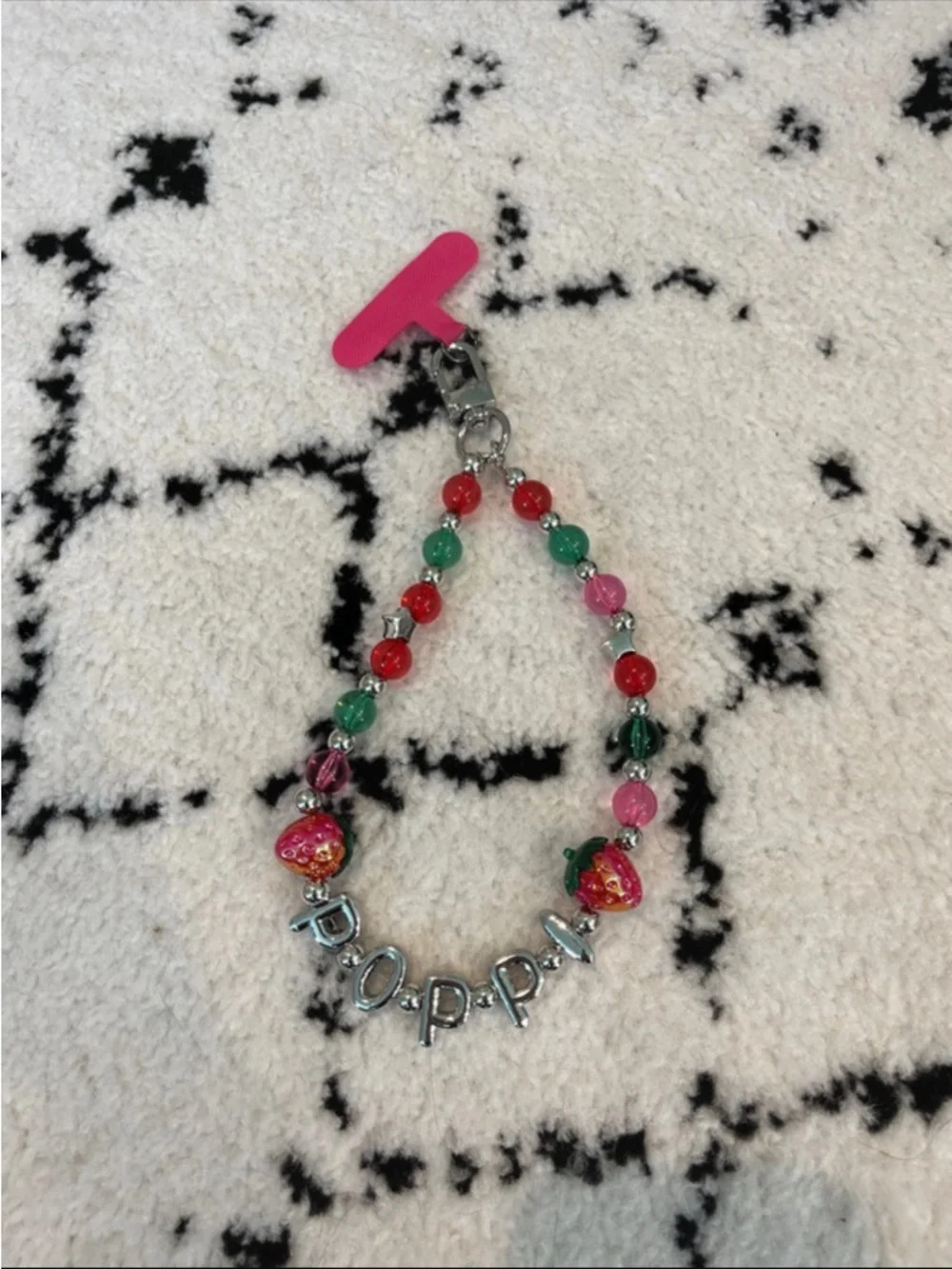 Poppi Strawberry Beaded Pink & Green Cell Phone Charm